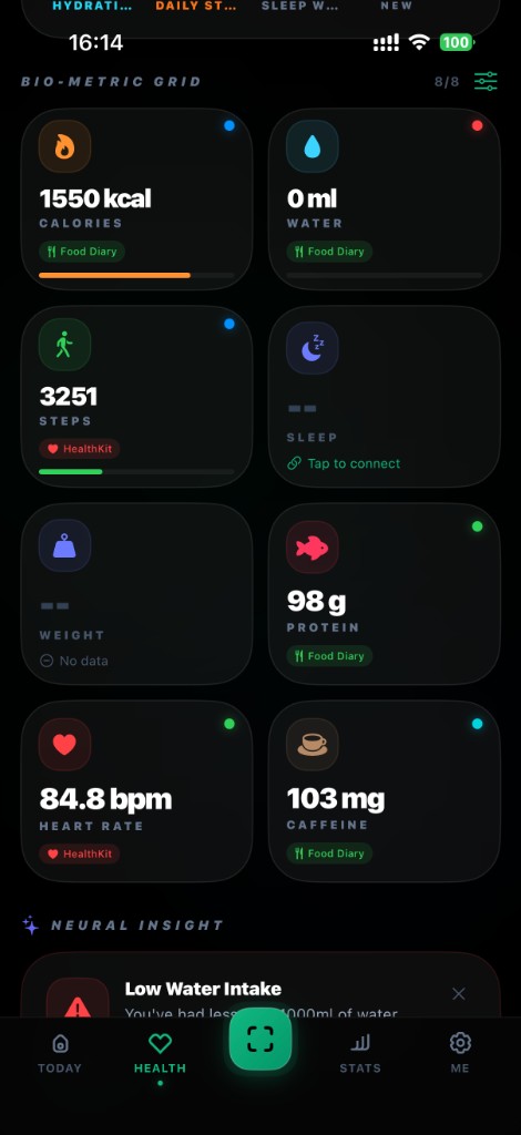 AI meal result with Bio-Score, calories, and glycemic cues